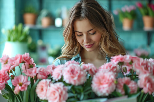 Young woman finds inner peace amidst vibrant pink flowers in a serene floral shop - Powered by Adobe