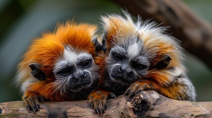 Fototapeta premium Two adorable golden lion tamarins cuddling on a tree branch.