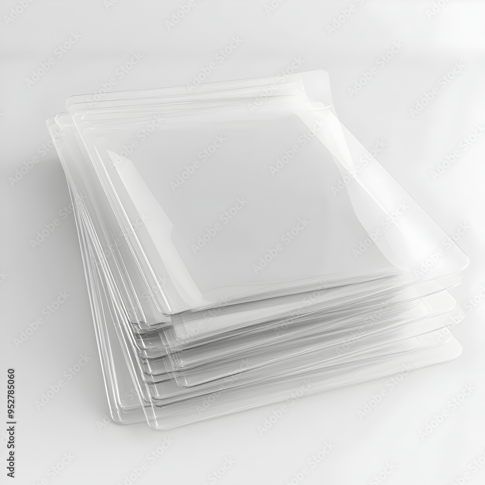 Poster neatly stacked array of clear plastic document sleeves on bright white background