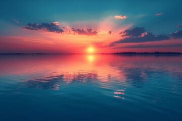 Obraz premium A tranquil sunset over a serene lake reflecting vibrant colors for spiritual inner harmony