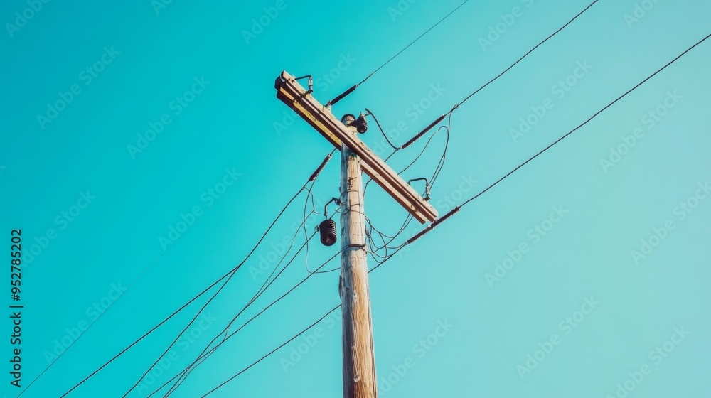 Poster close-up of an electric pole with multiple wires crossing in different directions, set against a cle