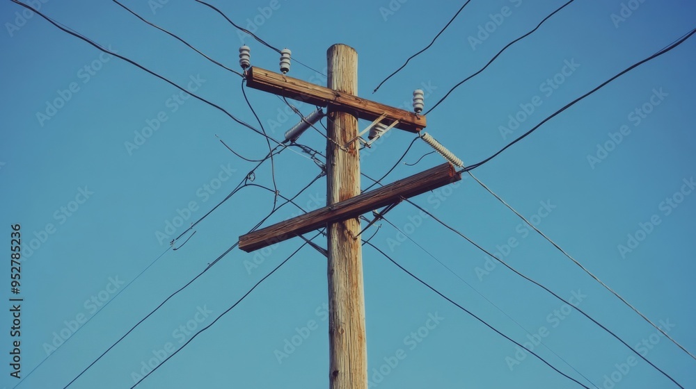 Poster close-up of an electric pole with multiple wires crossing in different directions, set against a cle