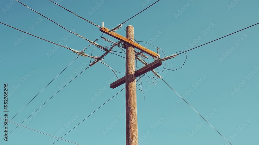 Poster close-up of an electric pole with multiple wires crossing in different directions, set against a cle