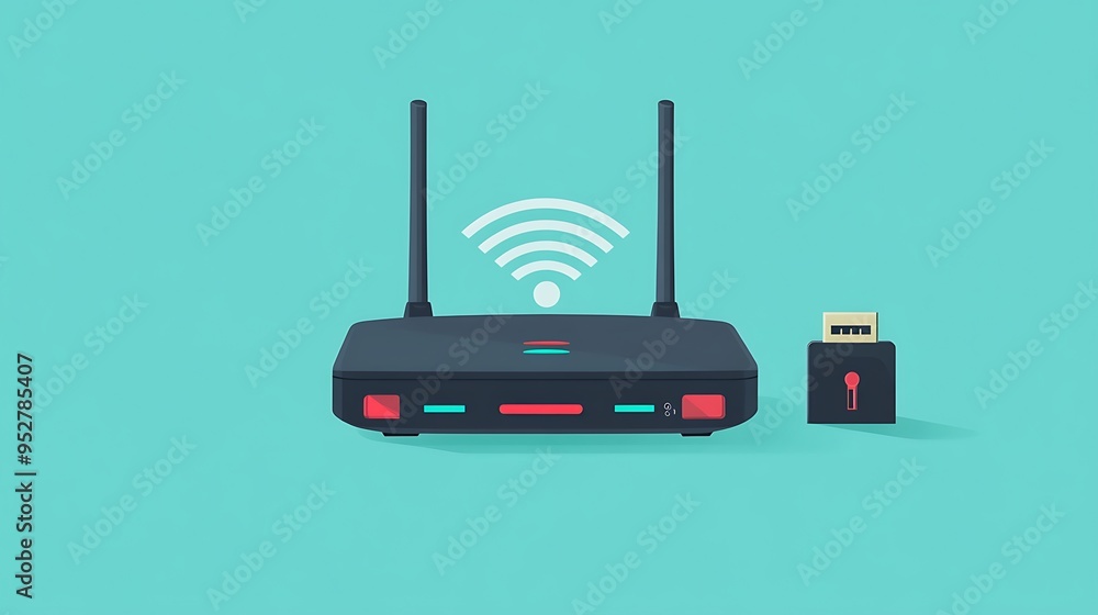 Poster modern wireless router vector illustration with half battery level and power adapter on light teal b