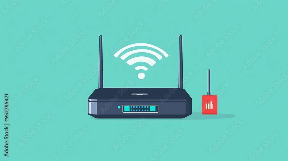 Poster modern wireless router with half battery level and power adapter on light teal background - flat vec