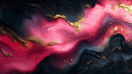 Vibrant pink and black fluid art with flowing gold accents, creating a dynamic and luxurious abstract composition.