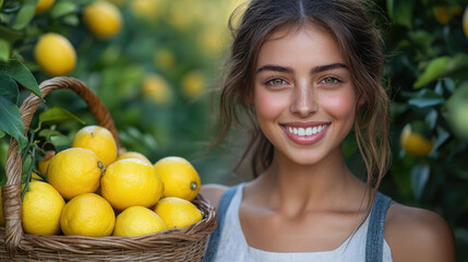 Obraz premium beautiful smiling young italian woman holding basket full of lemons against lemon garden background, harvest, citrus, fresh fruit, girl, nature, gardening, female portrait, summer, autumn, vitamin C