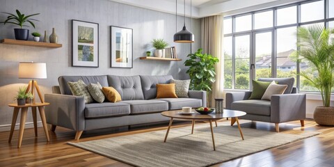 Fototapeta premium Modern living room featuring a stylish sofa and contemporary furniture , living room, modern, sofa