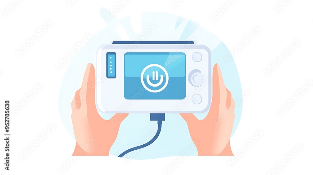 Poster modern portable projector low battery charging. hands plugging device into charger on blue gradient 