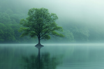 Solitary tree rises from serene waters in a misty landscape, embodying spiritual inner harmony at dawn