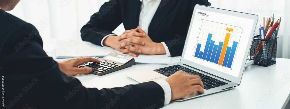 Poster business intelligence analyst team use bi software on laptop to analyze financial data dashboard. bu