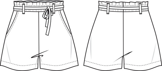 Women's Paperbag Waist, Self Belt Shorts. Technical fashion illustration with side pockets. Front and back, white color. Women's CAD mock-up.