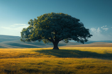 Obraz premium Solitary oak tree stands in golden grasslands under a serene sky at sunset, symbolizing spiritual inner harmony and peace