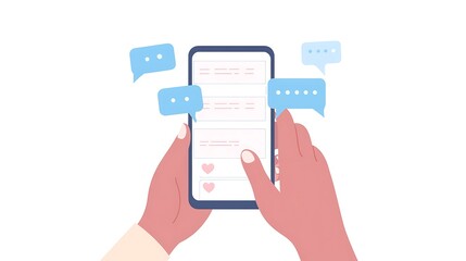 Modern Chat Interface Illustration on Smartphone App Screen with Interactive Hands Digital Communication Concept in Pastel Colors