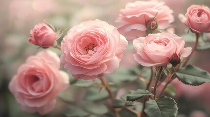Obraz premium Close-up of delicate pink roses in full bloom, with soft petals and a subtle, dreamy background, capturing the elegance and beauty of the flowers.