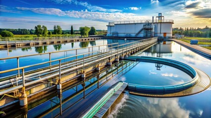 Wastewater treatment plant with a large pipe over a body of water, wastewater, treatment, plant, pipe