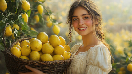 Obraz premium beautiful smiling young italian woman holding basket full of lemons against lemon garden background, harvest, citrus, fresh fruit, girl, nature, gardening, female portrait, summer, autumn, vitamin C