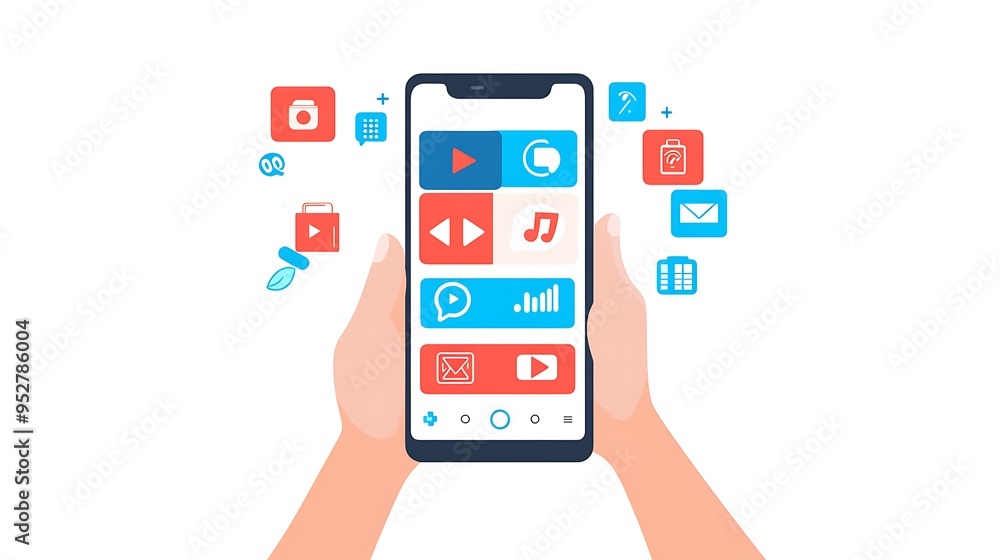 Poster exploring podcast universe - smartphone app screen illustration with hands scrolling through episode
