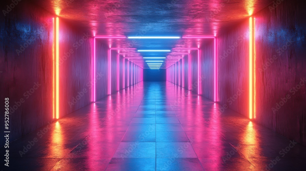 Poster 3d render of an empty room with glowing neon lines and floor reflections