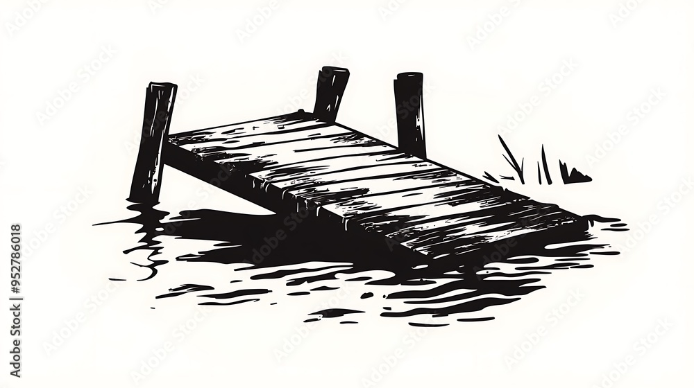 Poster minimalistic cartoon icon of dock collapsing into lake on white background