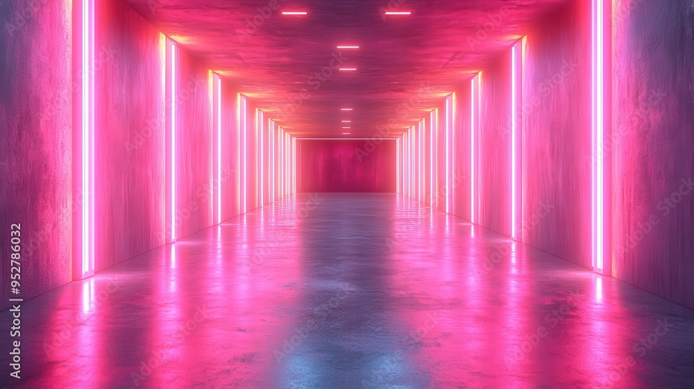 Aufkleber 3d render of an empty room with glowing neon lines and floor reflections
