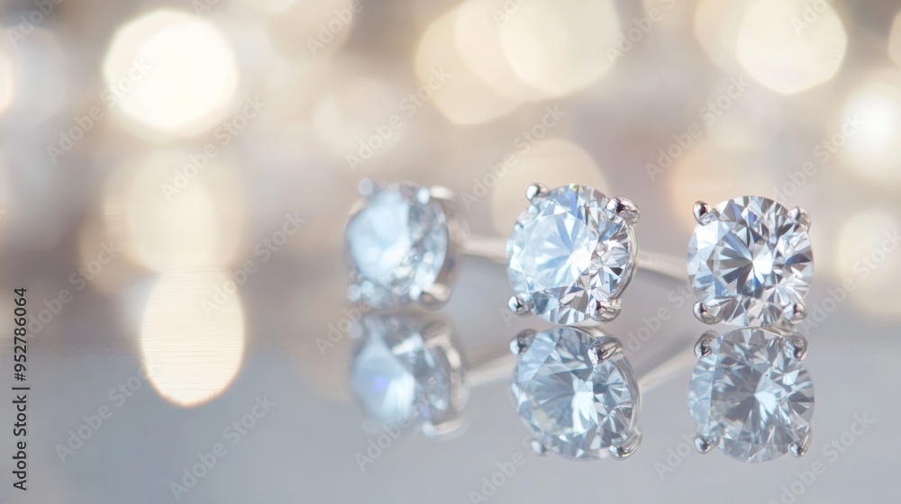 Poster Close-up of diamond earrings arranged on a glossy surface with a reflection, emphasizing their clarity and brilliance with a soft, neutral backdrop.