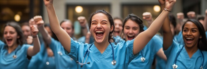 A diverse team of medical students in nursing uniforms joyfully celebrating their achievements, showcasing teamwork and enthusiasm in a campus setting
