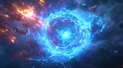 Obraz premium A swirling vortex of blue energy surrounded by fire and space debris