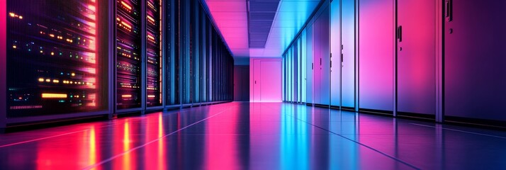 The perspective captures a cloud server rack in a modern data center, featuring colorful lighting that enhances the advanced technology and sleek design of the environment