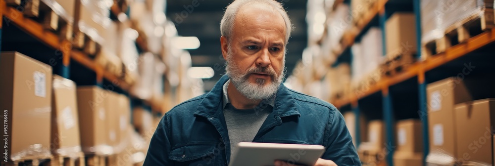 Poster a middle-aged man stands in a warehouse, intently using a tablet computer. surrounding him are rows 