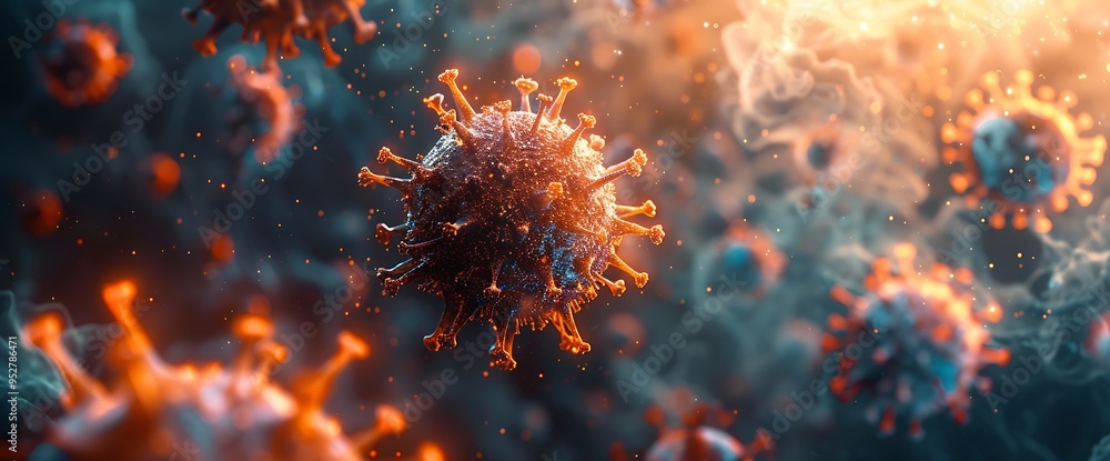 Poster a close-up microscopic view of a virus with spikes.