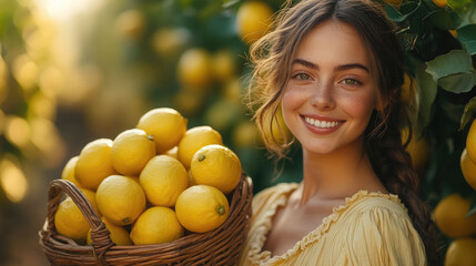 beautiful smiling young italian woman holding basket full of lemons against lemon garden background, harvest, citrus, fresh fruit, girl, nature, gardening, female portrait, summer, autumn, vitamin C