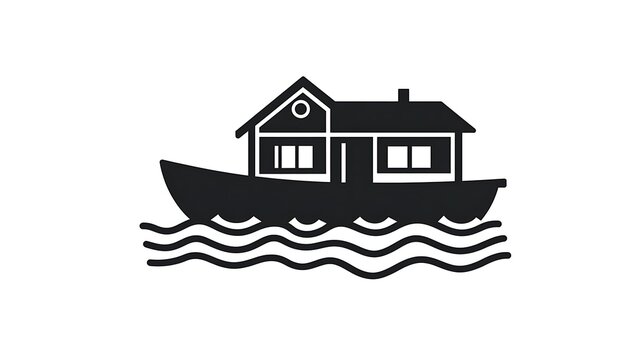 black houseboat on water, simple design clip art preview