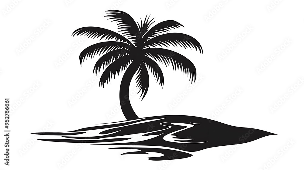 Poster Minimalistic Palm Tree Icon Sinking into Ocean on White Background - Cartoonish Vector Graphic with Bold Lines and Simple Design