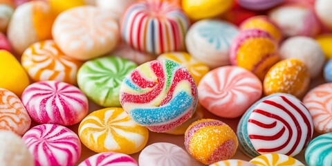 Obraz premium A variety of round candies boasting spiral and striped patterns, creating a lively and cheerful visual feast.