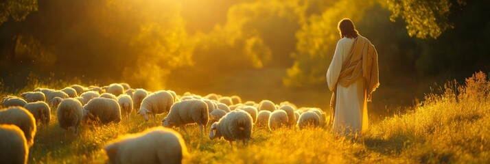 In a tranquil landscape illuminated by the warm glow of sunset, Jesus Christ gently leads a flock of sheep through vibrant grass, embodying pastoral care and guidance