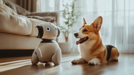 Innovative robot puppy dog beside corgi relaxing in the cozt home for AI pet concept.