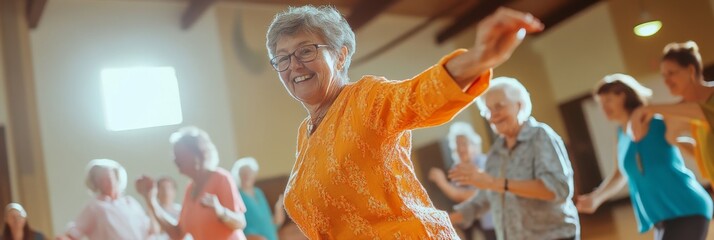 A vibrant group of seniors dances joyfully together in a well-lit community center, showcasing energy and happiness during a lively afternoon gathering