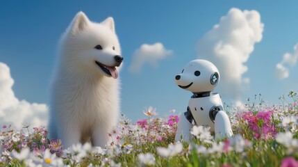AI electrical robotic pet and samoyed dog in the field and blue sky background.