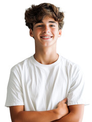 Cheerful teenage boy portrait wearing white t-shirt posing with arms closed