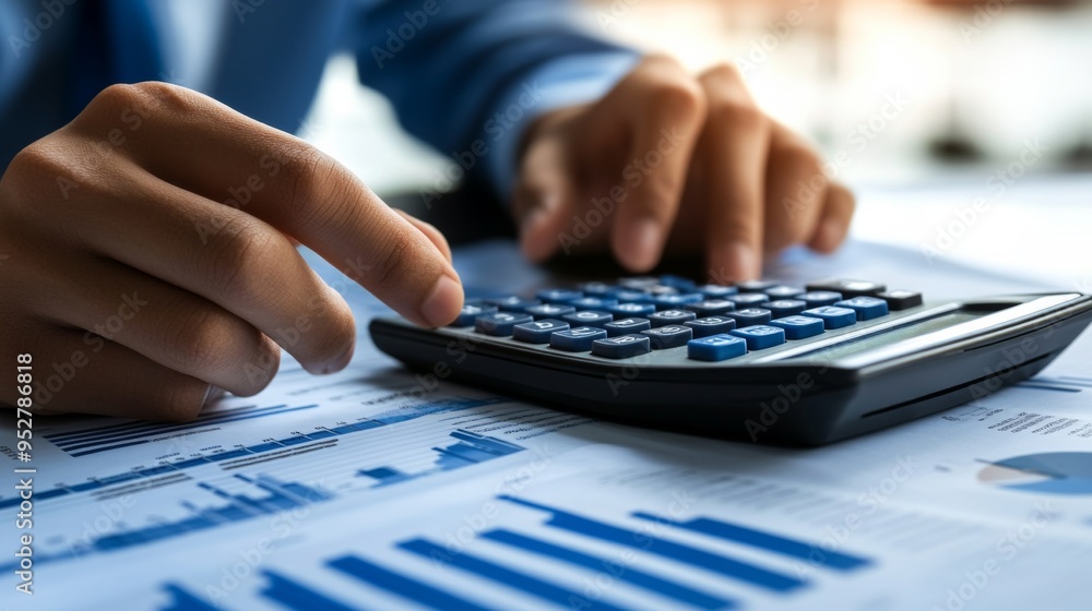 Poster close-up of hands using a calculator with a printed financial report showing various graphs in the b