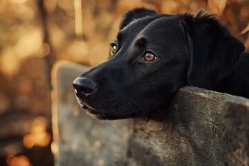 A beautiful black dog with soulful eyes is resting peacefully on a wooden bench, exuding warmth and companionship.