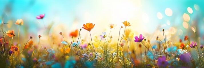 A vibrant and colorful flower meadow bathes in golden sunlight, with gentle rays illuminating the blossoms and creating a serene atmosphere
