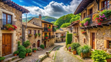 Fototapeta premium Historic village in Cantabria, Spain, with picturesque cobblestone streets, colorful buildings, and elegant stone architecture, surrounded by lush green countryside and blue skies.