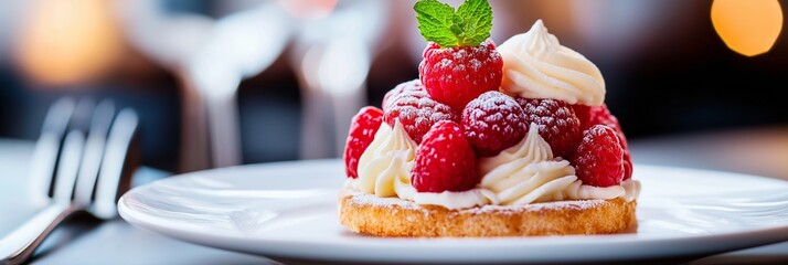 A delicate fruit tart topped with cream swirls and a generous amount of fresh raspberries, adorned with mint leaves.
