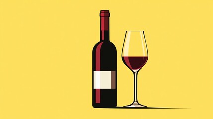 Illustration of a red wine bottle and glass on yellow background, perfect for wine-themed designs, restaurant ads, and beverage promotions.