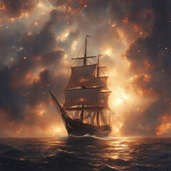 Obraz premium Imposing Warship Sailing Through Turbulent Seas Under Fiery Sky