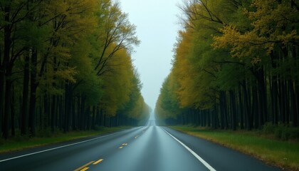 Serene Rainy Road in a Calm Day: Tree-Lined Highway with Fall Foliage and Misty Atmosphere