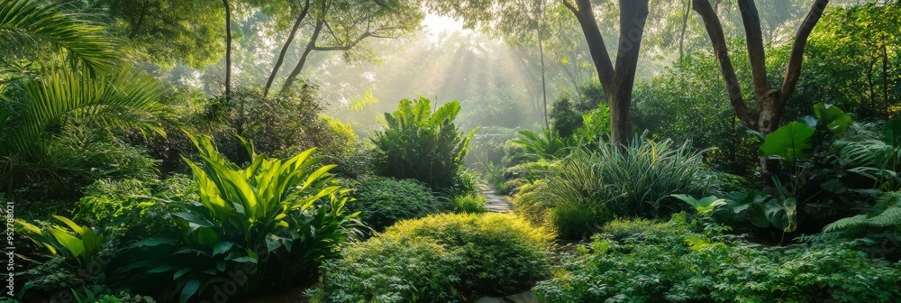Poster lush greenery showcases a variety of distinct tree species and bushes, illuminated by soft rays of s