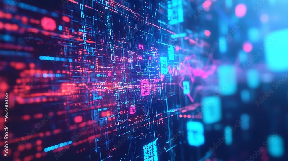Poster abstract digital data flow with red and blue lights